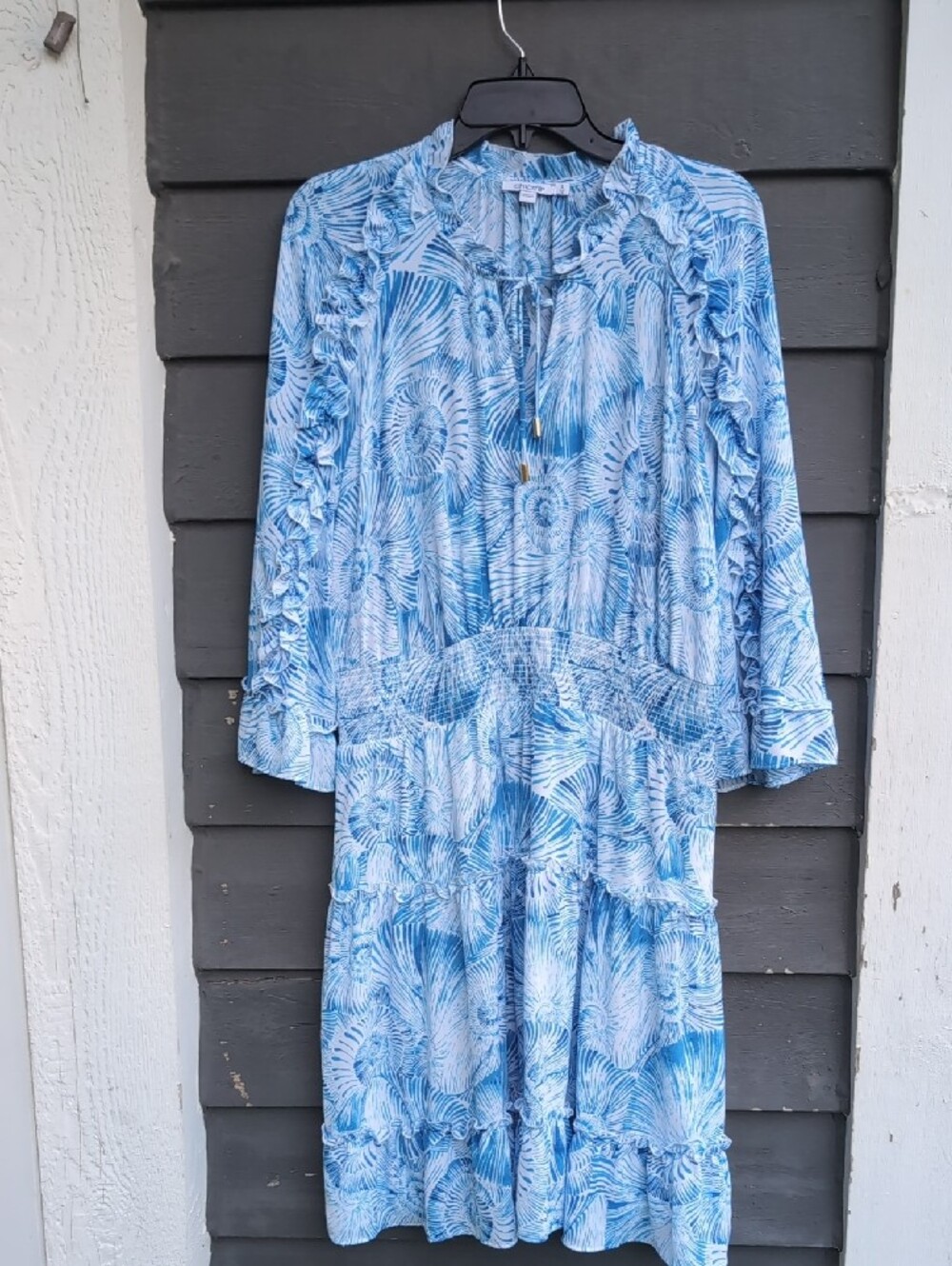 Chico's Light Blue Floral Ruffle Midi Dress Size 12 Large - Picture 2 of 16